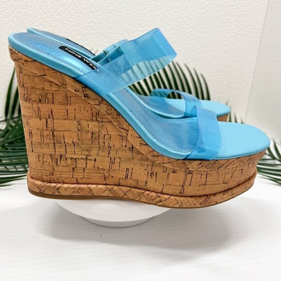 Nine West Rapps 2-Strap Platform Wedge Sandal Size 7.5M Turquoise Blue - Picture 6 of 12